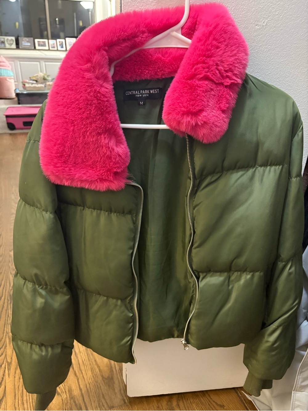Central Park West Olive Green Puffer Jacket with Hot Pink Faux Fur Collar